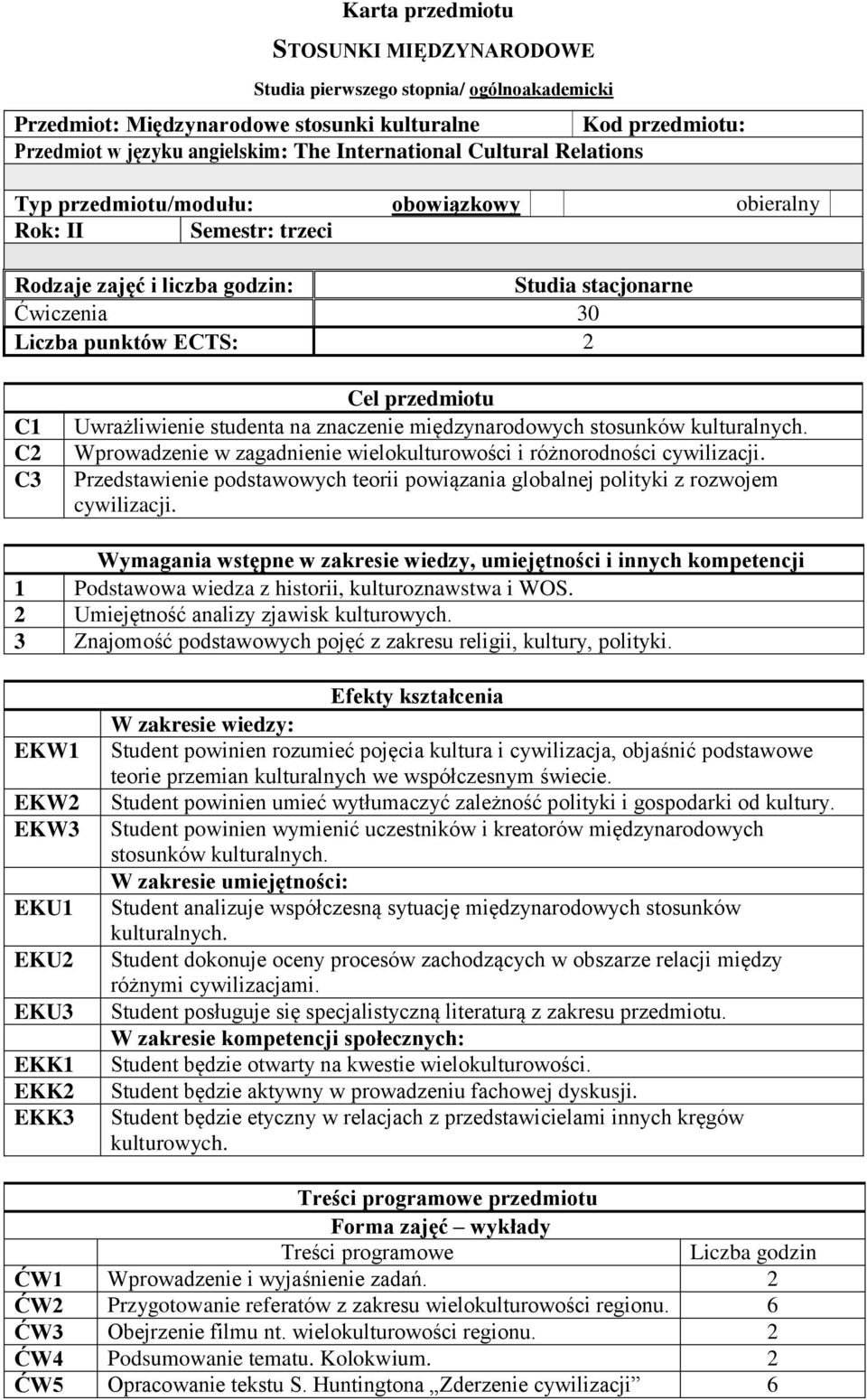 Uwrażliwienie studenta na znaczenie międzynarodowych stosunków kulturalnych. Wprowadzenie w zagadnienie wielokulturowości i różnorodności cywilizacji.