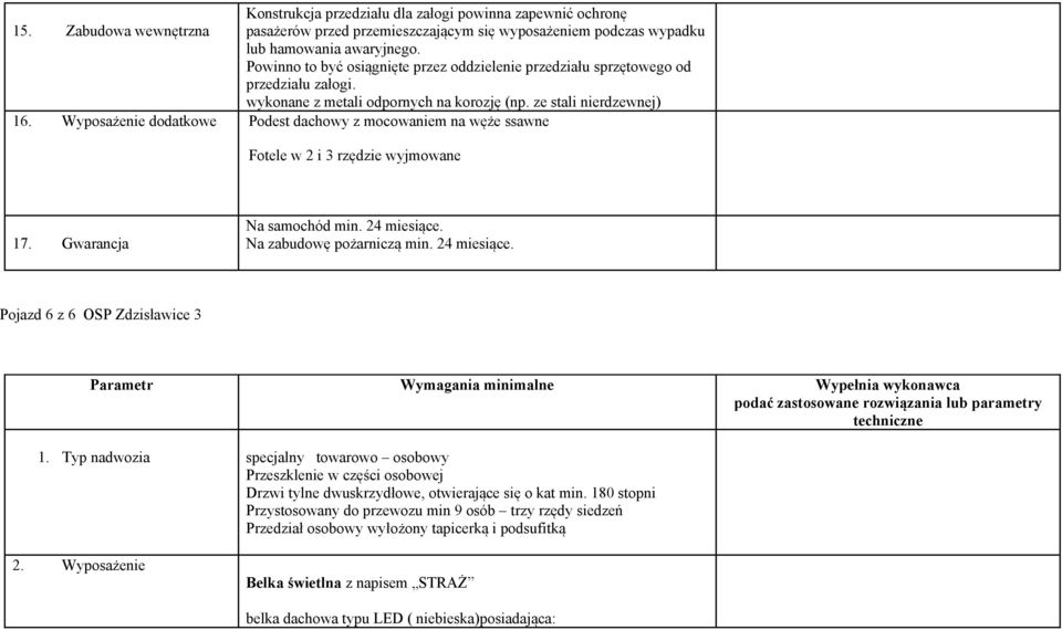 Wyposażenie dodatkowe Podest dachowy z mocowaniem na węże ssawne Fotele w 2 i 3 rzędzie wyjmowane 17. Gwarancja Na samochód min. 24 miesiące.