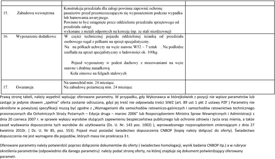 Wyposażenie dodatkowe W części technicznej pojazdu oddzielonej ścianką od przedziału osobowego regał z półkami na sprzęt specjalistyczny. Na na półkach uchwyty na węże ssawne W52 7 sztuk.