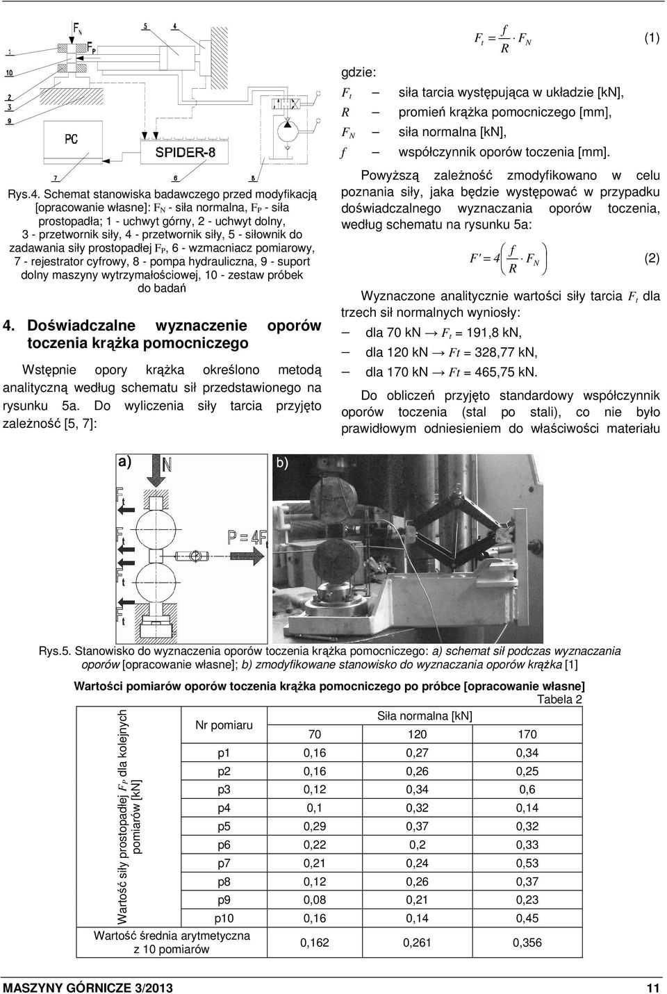 siłownik do zadawania siły prostopadłej F P, 6 - wzmacniacz pomiarowy, 7 - rejestrator cyfrowy, 8 - pompa hydrauliczna, 9 - suport dolny maszyny wytrzymałościowej, 10 - zestaw próbek do badań 4.