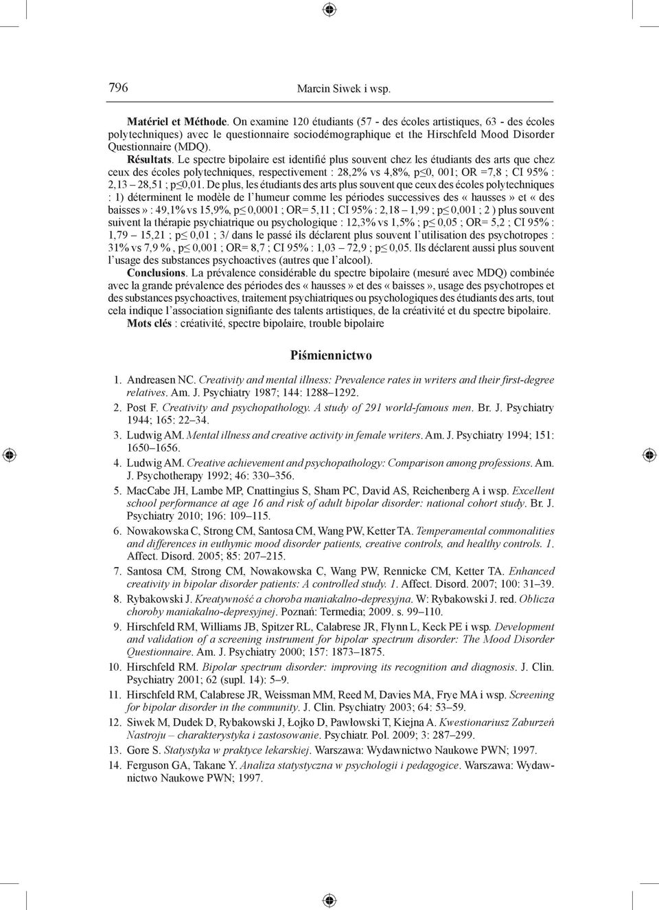 Le spectre bipolaire est identifié plus souvent chez les étudiants des arts que chez ceux des écoles polytechniques, respectivement : 28,2% vs 4,8%, p 0, 001; OR =7,8 ; CI 95% : 2,13 28,51 ; p 0,01.