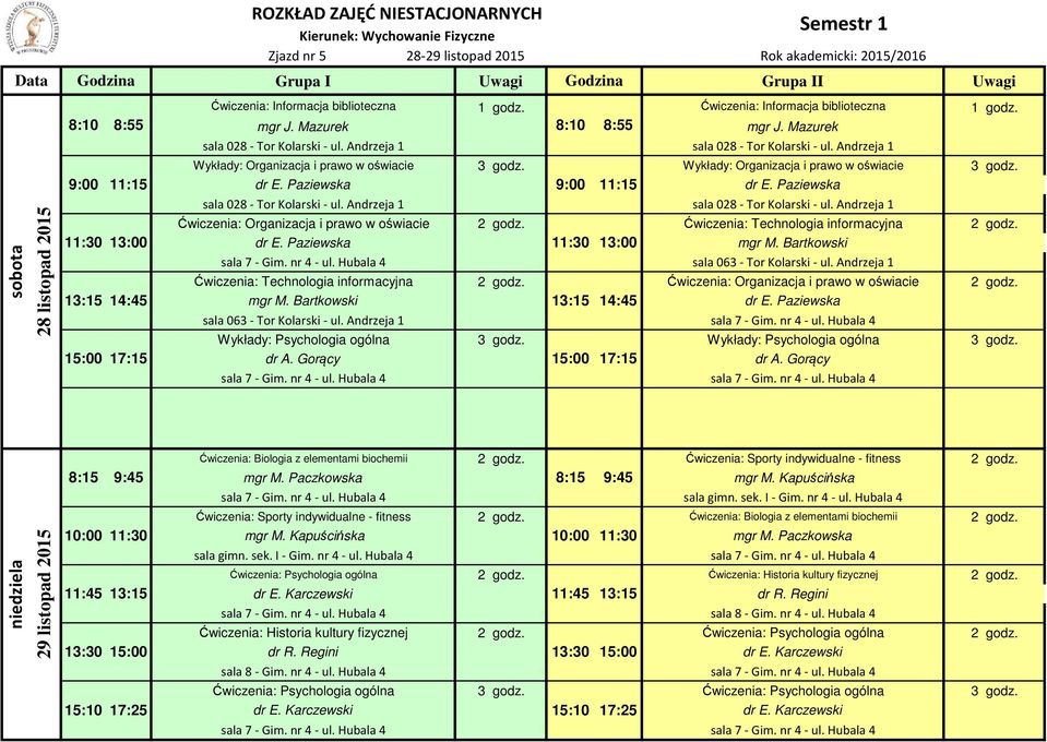 Andrzeja 1 1,00 Wykłady: Organizacja i prawo w oświacie 3 godz. Wykłady: Organizacja i prawo w oświacie 3 godz. 9:00 11:15 dr E. Paziewska do realiz. 0,999999999999998 9:00 godz. 11:15 dr E. Paziewska do realiz. 0,999999999999998 godz.