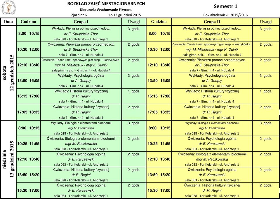 Andrzeja 1 1,00 Ćwiczenia: Pierwsza pomoc przedmedycz. 2 godz. Ćwiczenia: Teoria i met. sportowych gier zesp. koszykówka 2 godz. 10:30 12:00 dr E. Strupińska-Thor do realiz. 4 godz. 10:30 12:00 mgr M.