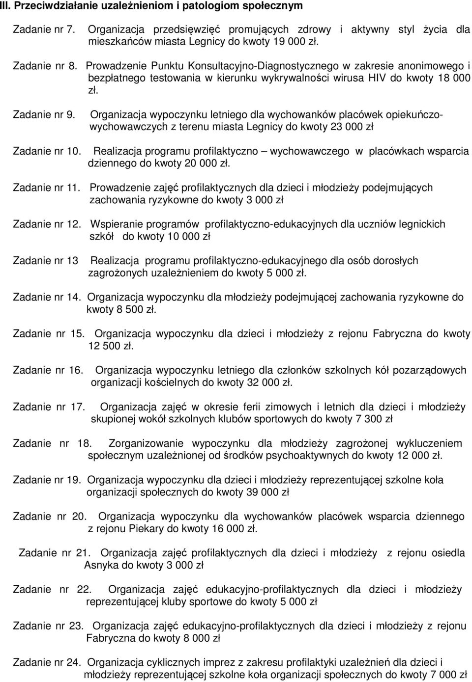 Organizacja wypoczynku letniego dla wychowanków placówek opiekuńczowychowawczych z terenu miasta Legnicy do kwoty 23 000 zł Realizacja programu profilaktyczno wychowawczego w placówkach wsparcia