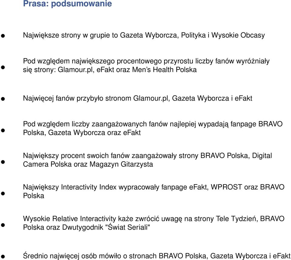 pl, Gazeta Wyborcza i efakt Pod względem liczby zaangażowanych fanów najlepiej wypadają fanpage BRAVO Polska, Gazeta Wyborcza oraz efakt Największy procent swoich fanów zaangażowały strony BRAVO