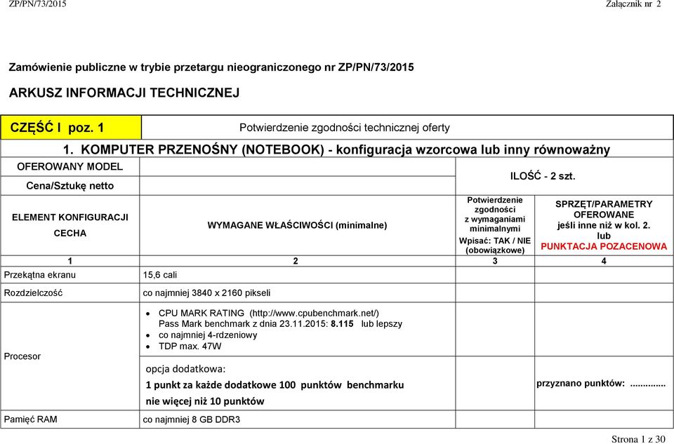 SPRZĘT/PARAMETRY OFEROWANE jeśli inne niż w kol. 2.