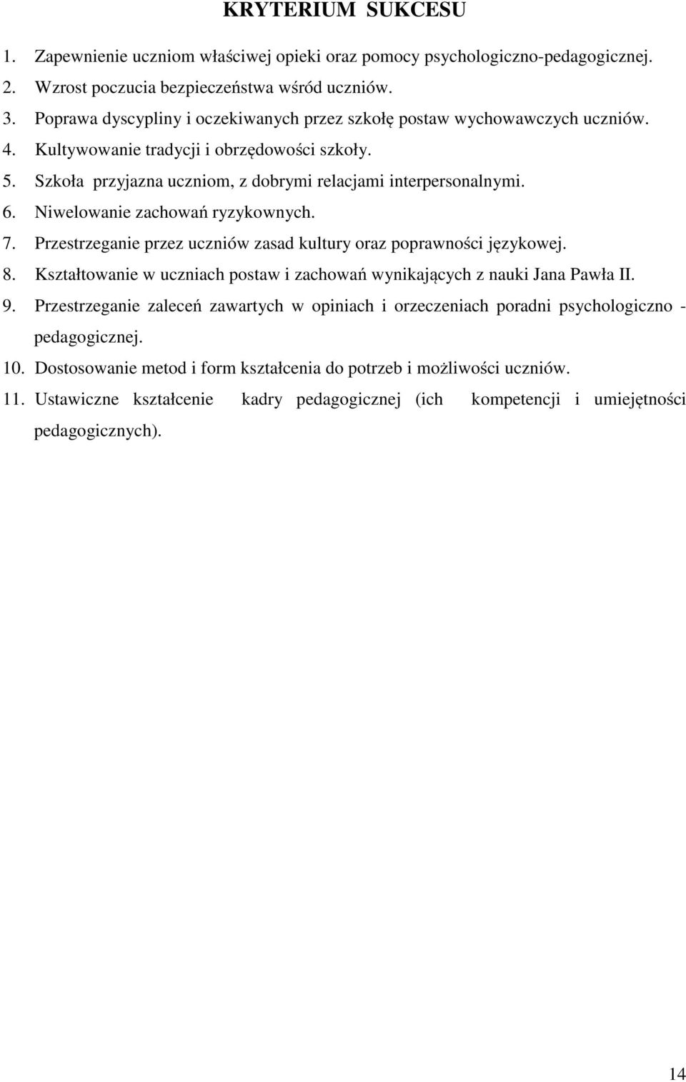 Niwelowanie zachowań ryzykownych. 7. Przestrzeganie przez uczniów zasad kultury oraz poprawności językowej. 8. Kształtowanie w uczniach postaw i zachowań wynikających z nauki Jana Pawła II. 9.