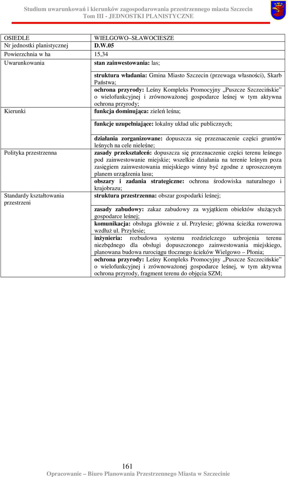 ochrona przyrody; funkcja dominująca: zieleń leśna; funkcje uzupełniające: lokalny układ ulic publicznych; działania zorganizowane: dopuszcza się przeznaczenie części gruntów leśnych na cele