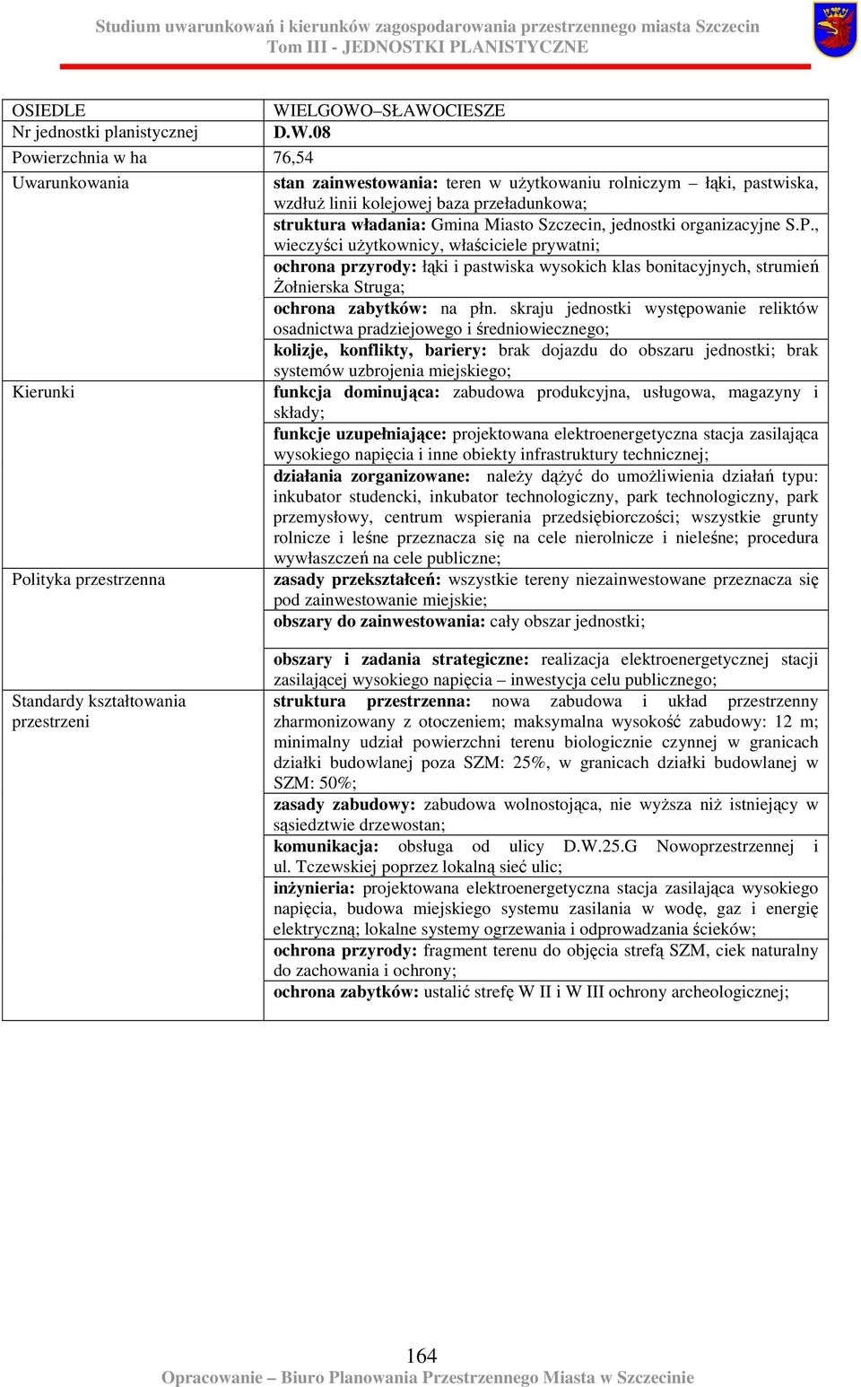organizacyjne S.P., wieczyści uŝytkownicy, właściciele prywatni; ochrona przyrody: łąki i pastwiska wysokich klas bonitacyjnych, strumień śołnierska Struga; ochrona zabytków: na płn.
