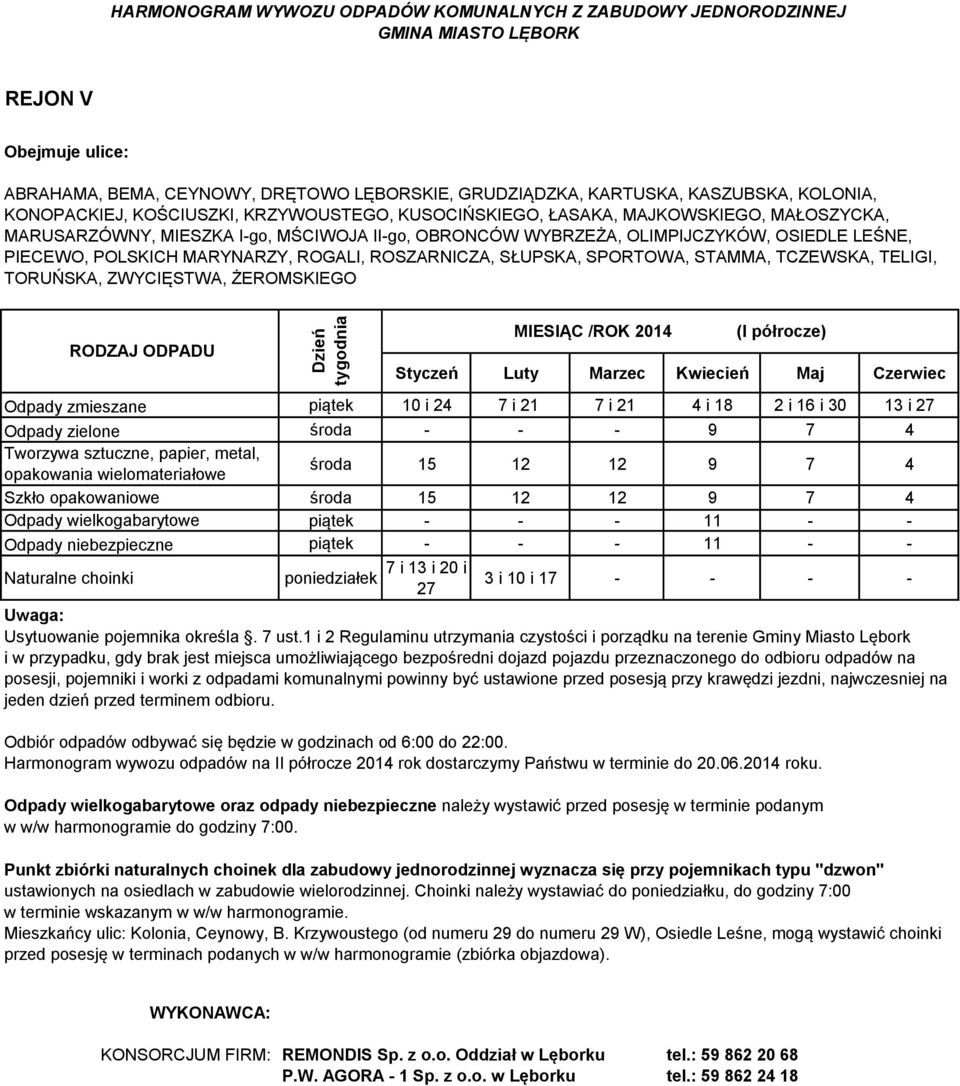 ŻEROMSKIEGO Odpady zmieszane piątek 10 i 24 7 i 21 7 i 21 4 i 18 2 i 16 i 30 13 Odpady zielone środa - - - 9 7 4 środa 15 12 12 9 7 4 Szkło opakowaniowe środa 15 12 12 9 7 4 Odpady wielkogabarytowe