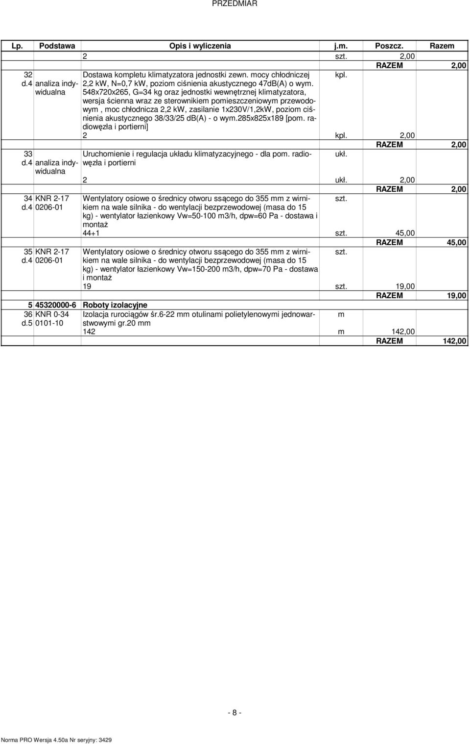38/33/25 db(a) - o wy.285x825x189 [po. radiowęzła i portierni] 2 ukł. 33 Uruchoienie i regulacja układu kliatyzacyjnego - dla po. radiowęzła i portierni 34 KNR 2-17 d.4 0206-01 35 KNR 2-17 d.