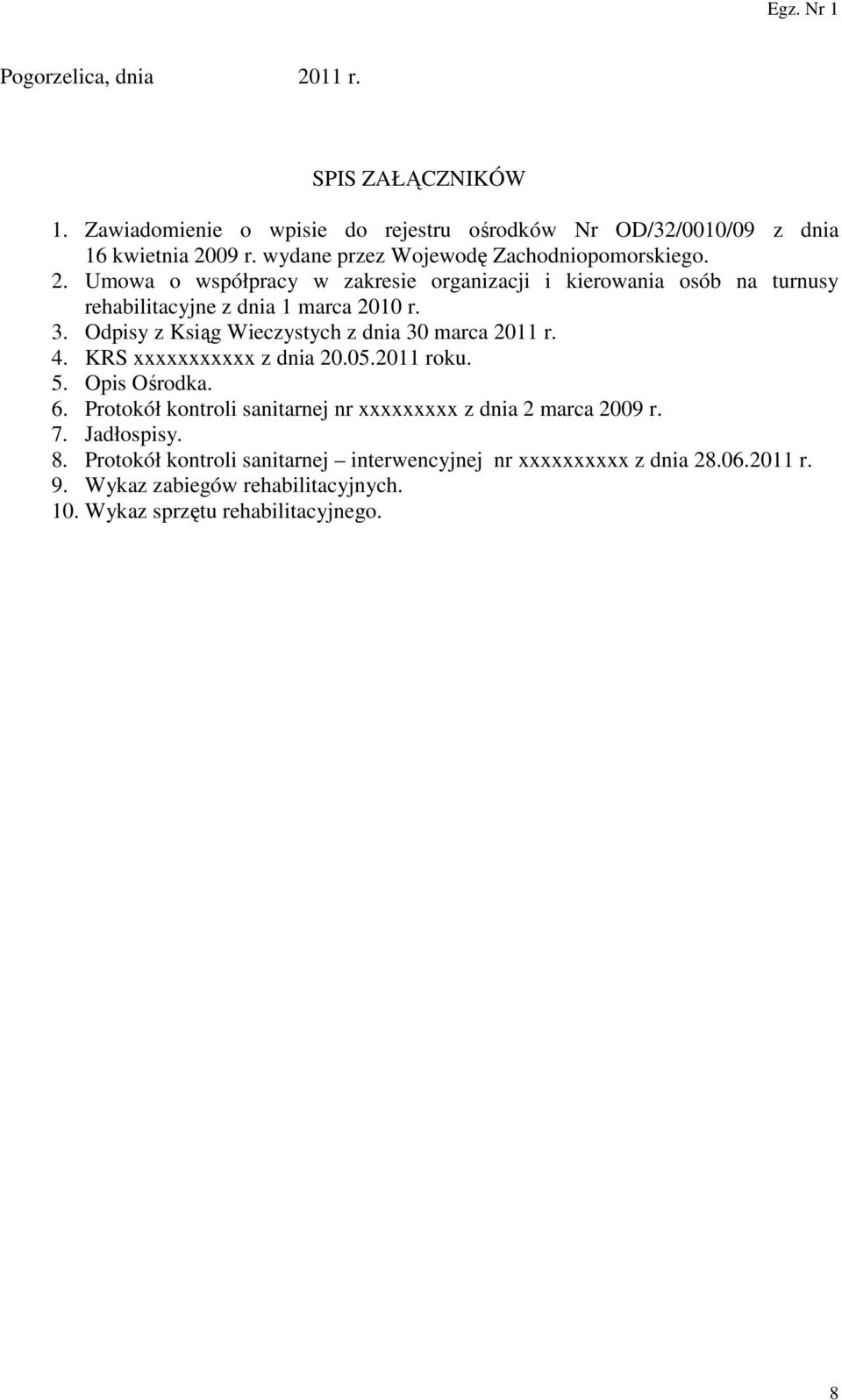 Odpisy z Ksiąg Wieczystych z dnia 30 marca 2011 r. 4. KRS xxxxxxxxxxx z dnia 20.05.2011 roku. 5. Opis Ośrodka. 6.