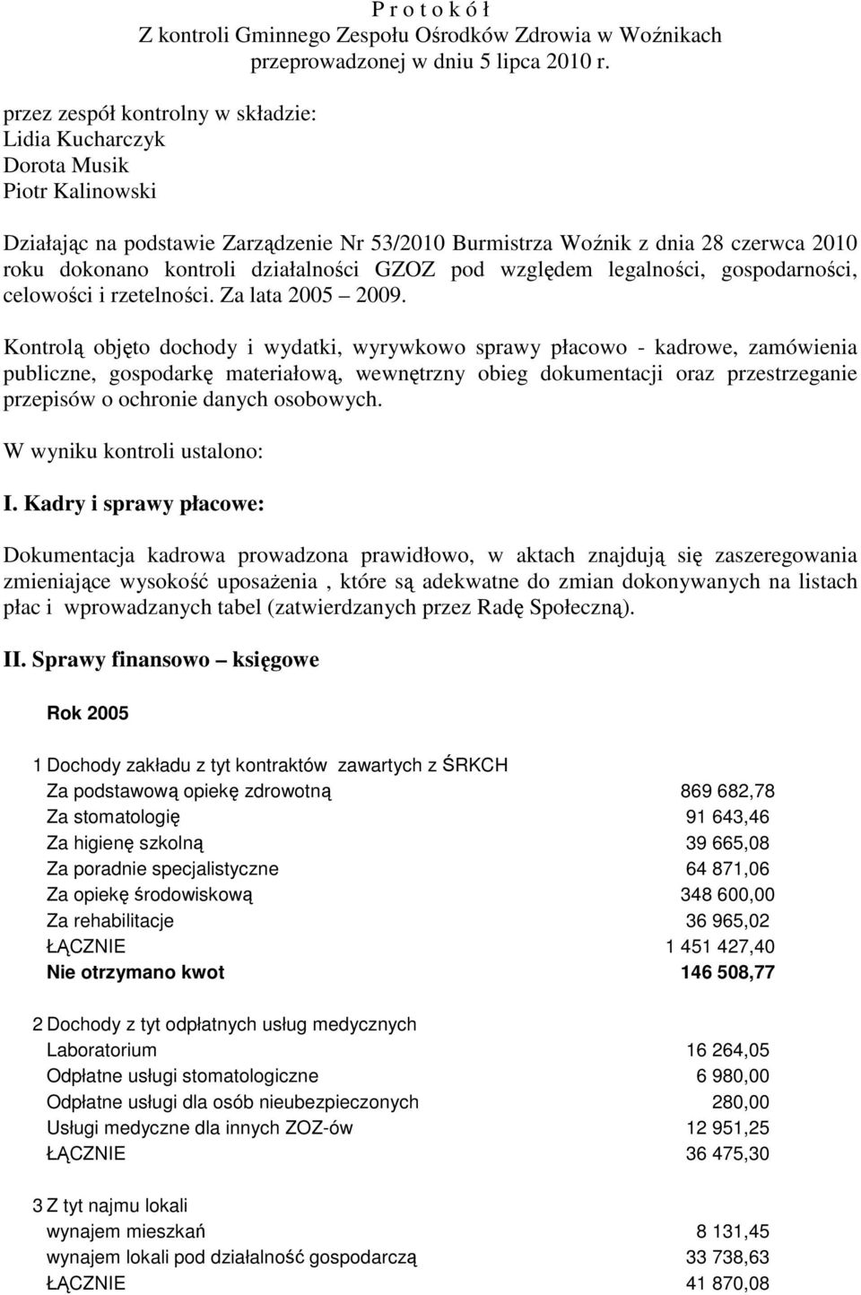 działalności GZOZ pod względem legalności, gospodarności, celowości i rzetelności. Za lata 2005 2009.