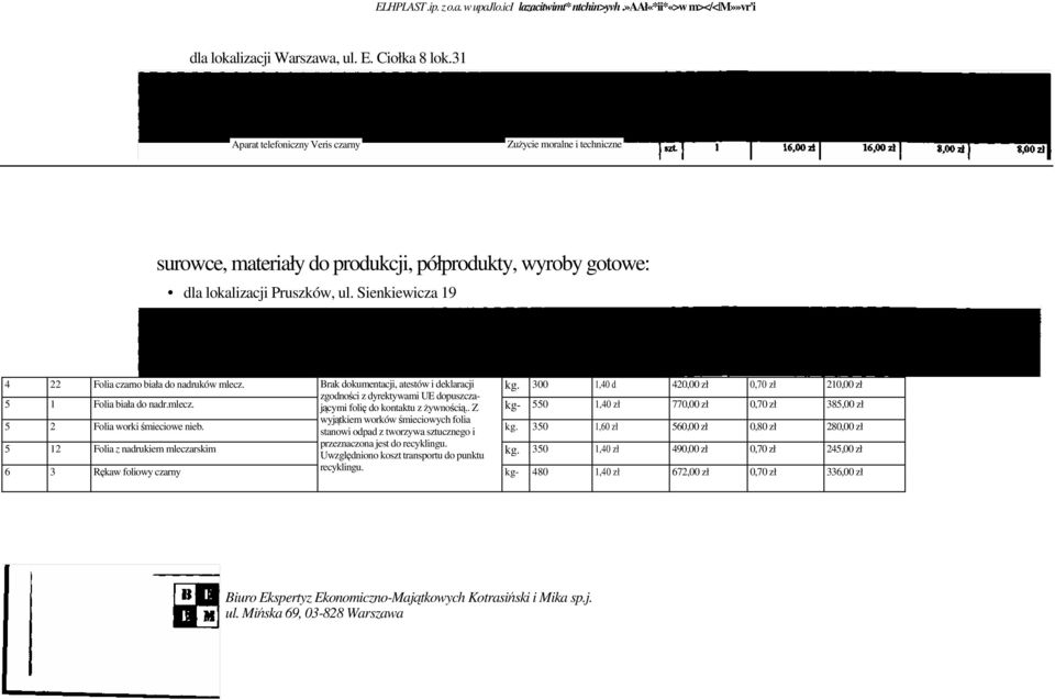 Sienkiewicza 19 4 22 Folia czarno biała do nadruków mlecz. Brak dokumentacji, atestów i deklaracji kg. 300 1,40 d 420,00 zł 0,70 zł 210,00 zł 5 1 Folia biała do nadr.mlecz. zgodności z dyrektywami UE dopuszczającymi folię do kontaktu z żywnością.