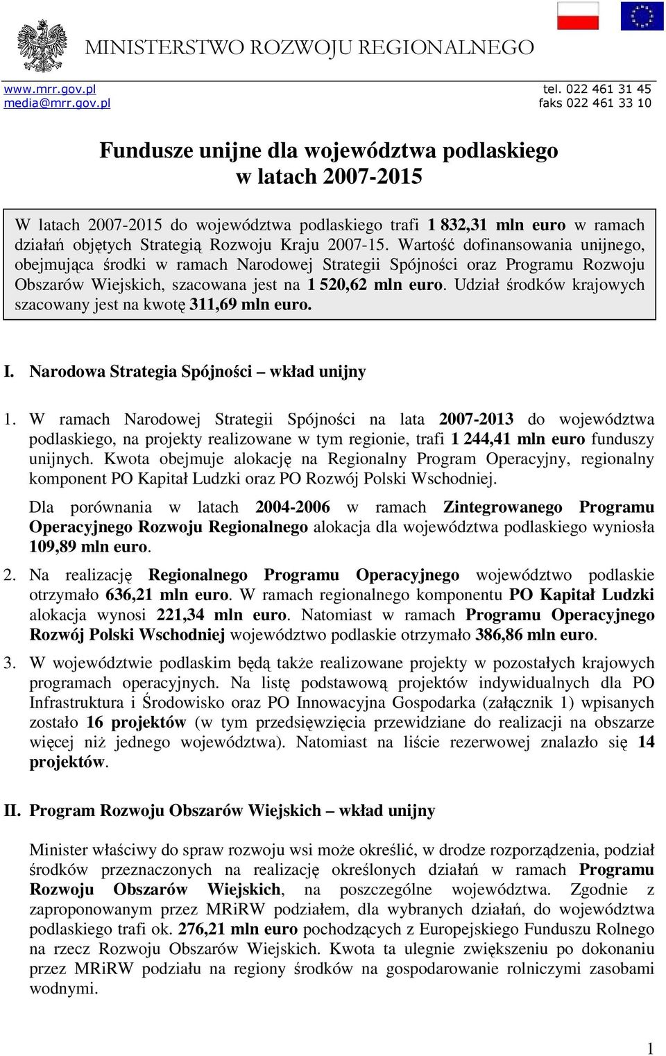 pl faks 022 461 33 10 Fundusze unijne dla województwa podlaskiego w latach 2007-2015 W latach 2007-2015 do województwa podlaskiego trafi 1 832,31 mln euro w ramach działań objętych Strategią Rozwoju