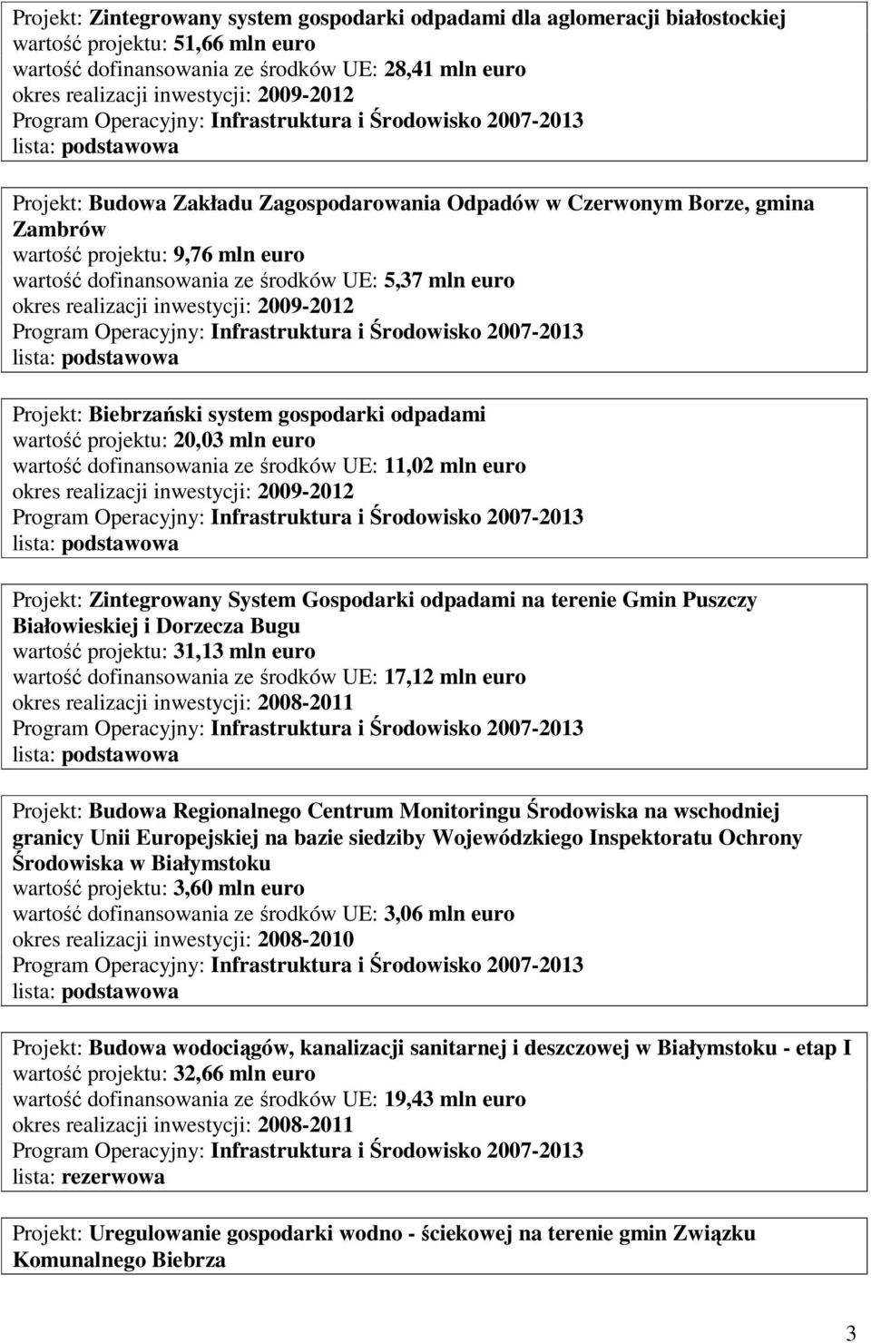 projektu: 20,03 mln euro wartość dofinansowania ze środków UE: 11,02 mln euro Projekt: Zintegrowany System Gospodarki odpadami na terenie Gmin Puszczy Białowieskiej i Dorzecza Bugu wartość projektu: