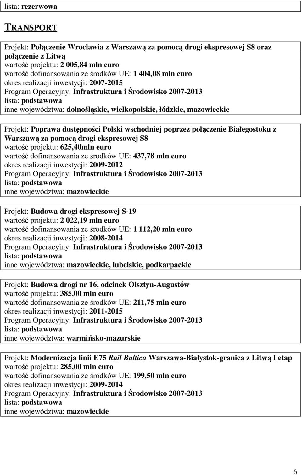 pomocą drogi ekspresowej S8 wartość projektu: 625,40mln euro wartość dofinansowania ze środków UE: 437,78 mln euro inne województwa: mazowieckie Projekt: Budowa drogi ekspresowej S-19 wartość