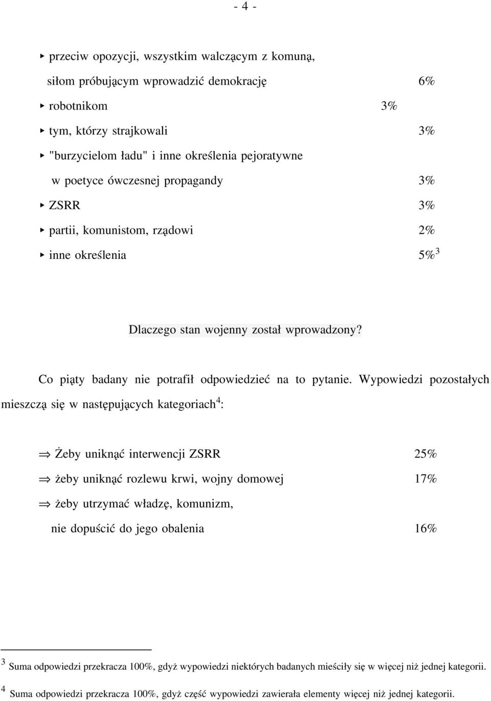 Wypowiedzi pozostałych mieszczą sięw następujących kategoriach 4 : Żeby uniknąć interwencji ZSRR 25% żeby uniknąć rozlewu krwi, wojny domowej 17% żeby utrzymać władzę, komunizm, nie dopuścić do jego