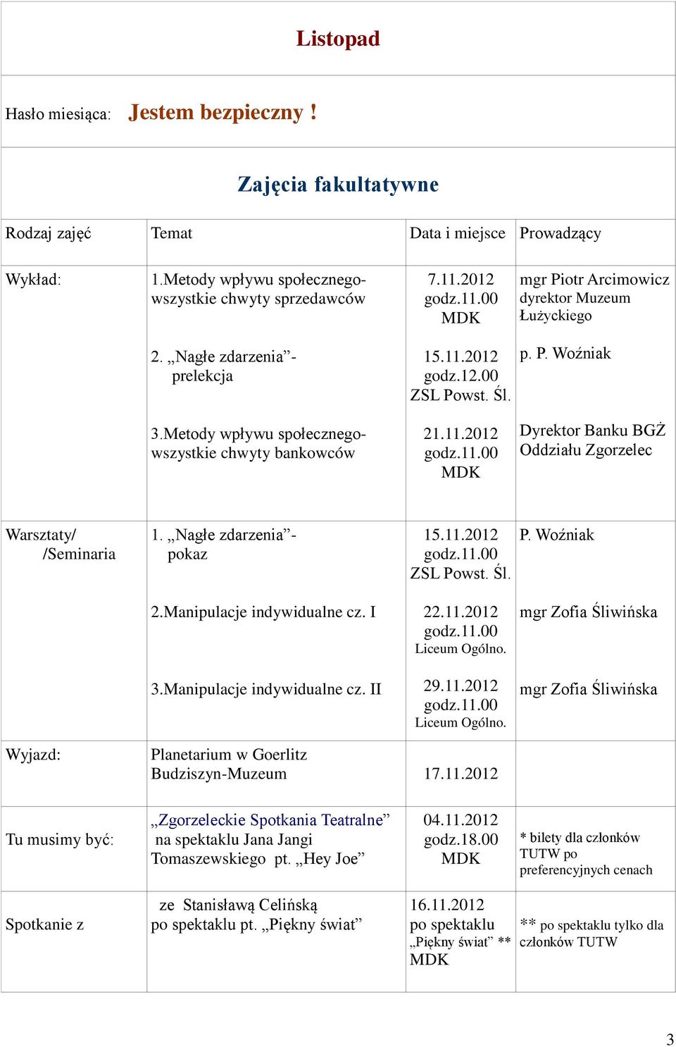 Nagłe zdarzenia - pokaz 15.11.2012 ZSL Powst. Śl. P. Woźniak 2.Manipulacje indywidualne cz. I 22.11.2012 Liceum Ogólno. mgr Zofia Śliwińska 3.Manipulacje indywidualne cz. II 29.11.2012 Liceum Ogólno. mgr Zofia Śliwińska Wyjazd: Planetarium w Goerlitz Budziszyn- 17.