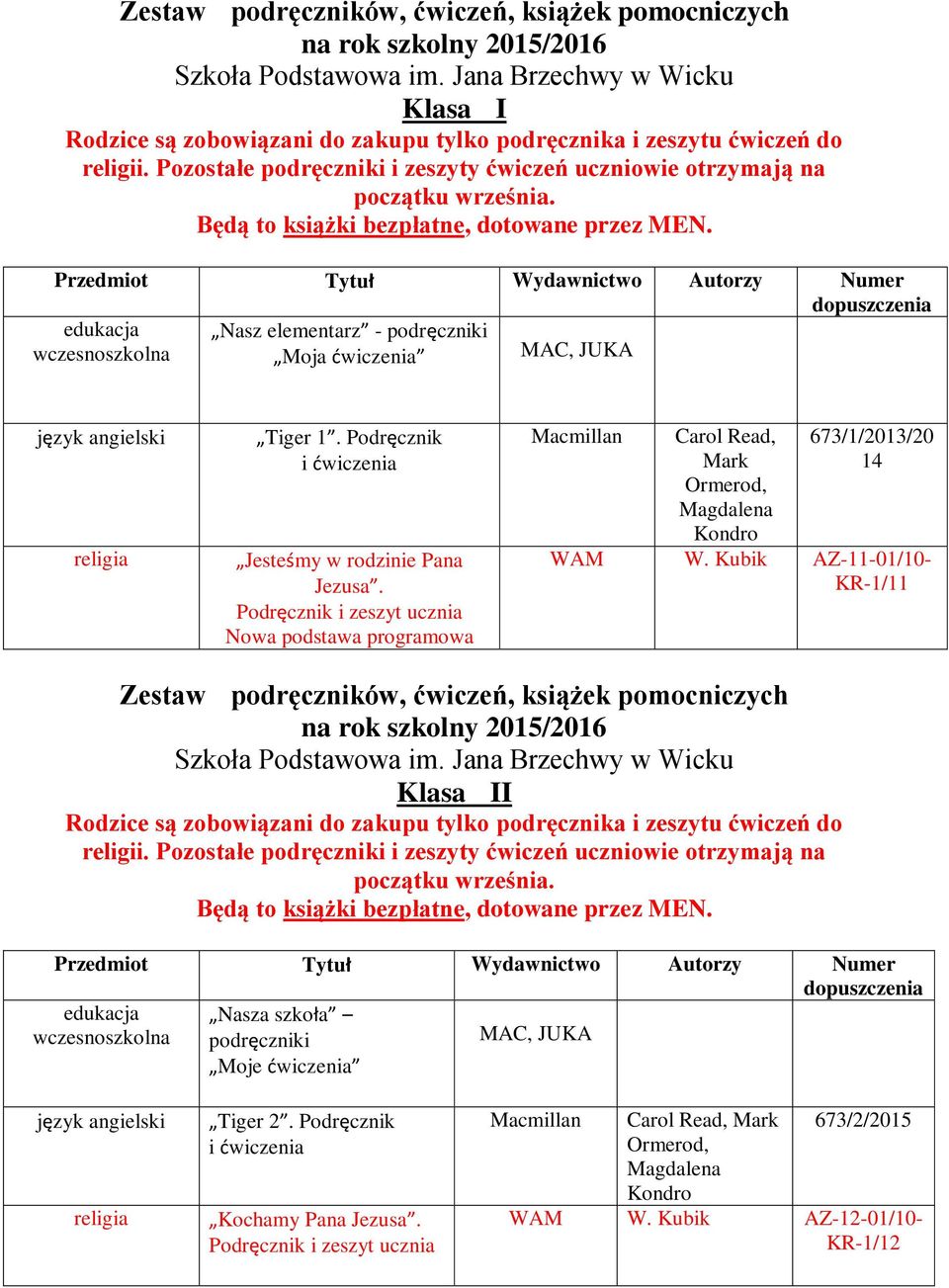 Przedmiot Tytuł Wydawnictwo Autorzy Numer edukacja Nasz elementarz - podręczniki wczesnoszkolna Moja ćwiczenia MAC, JUKA język angielski Tiger 1.