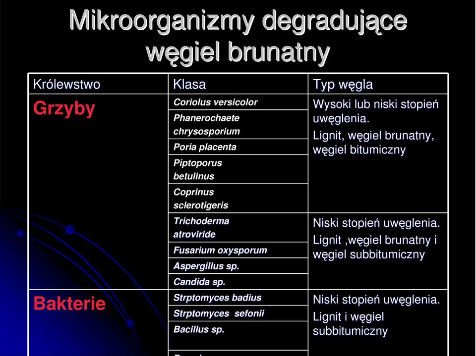 Strptomyces badius Strptomyces sefonii Bacillus sp. Typ węglaw Wysoki lub niski stopień uwęglenia glenia.