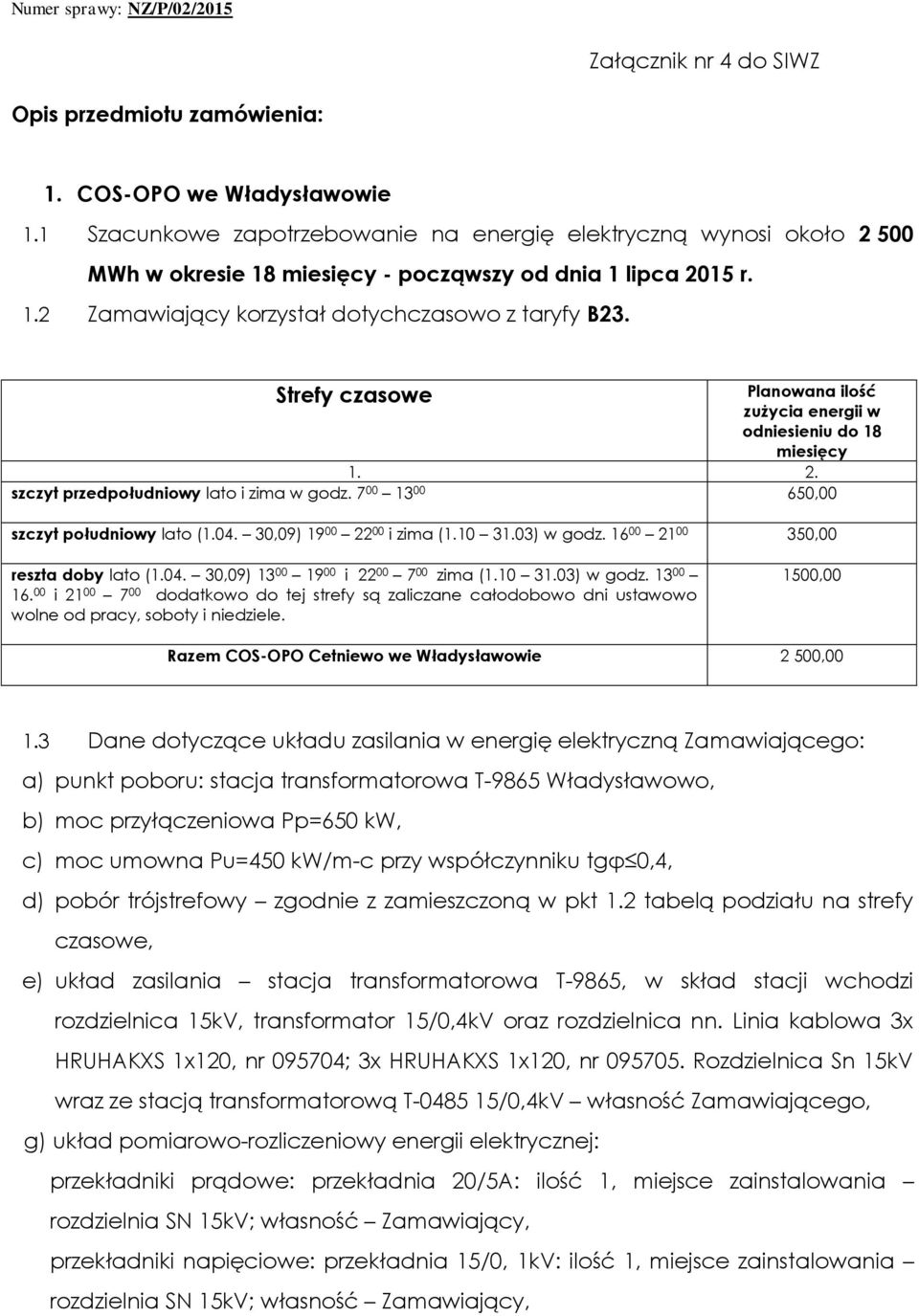 Strefy czasowe Planowana ilość zużycia energii w odniesieniu do 18 miesięcy 1. 2. szczyt przedpołudniowy lato i zima w godz. 7 00 13 00 650,00 szczyt południowy lato (1.04.