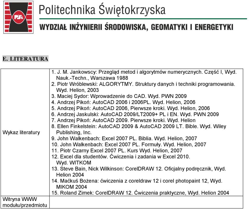 Andrzej Pikoń: AutoCAD 2006, Pierwsze kroki. Wyd. Helion, 2006 6. Andrzej Jaskulski: AutoCAD 2009/T2009+ P i EN. Wyd. PWN 2009 7. Andrzej Pikoń: AutoCAD 2009. Pierwsze kroki. Wyd. Helion 8.
