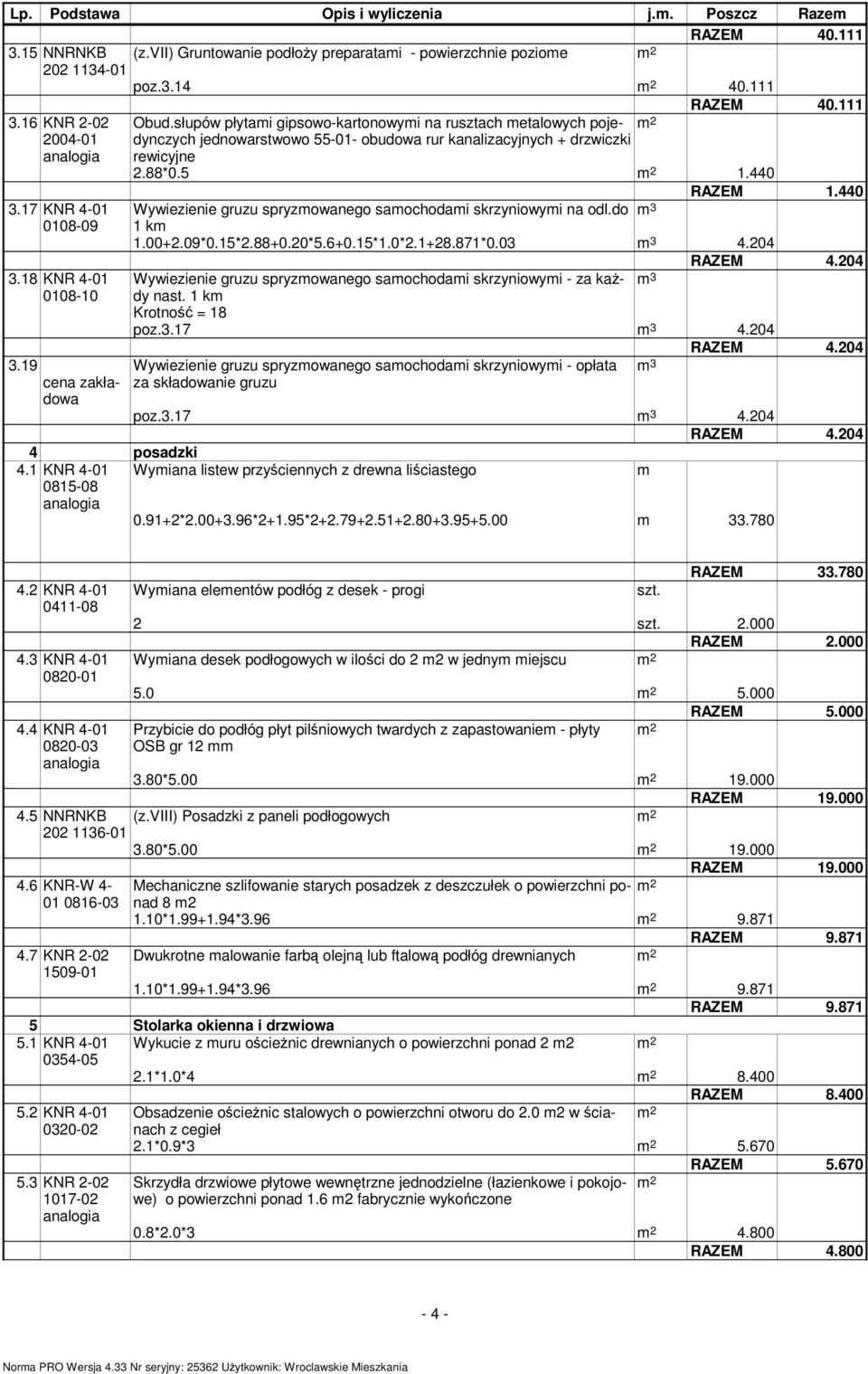 18 KNR 4-01 0108-10 3.19 cena zakładowa RAZEM 1.440 Wywiezienie gruzu spryzowanego saochodai skrzyniowyi na odl.do 3 1 k 1.00+2.09*0.15*2.88+0.20*5.6+0.15*1.0*2.1+28.871*0.03 3 4.