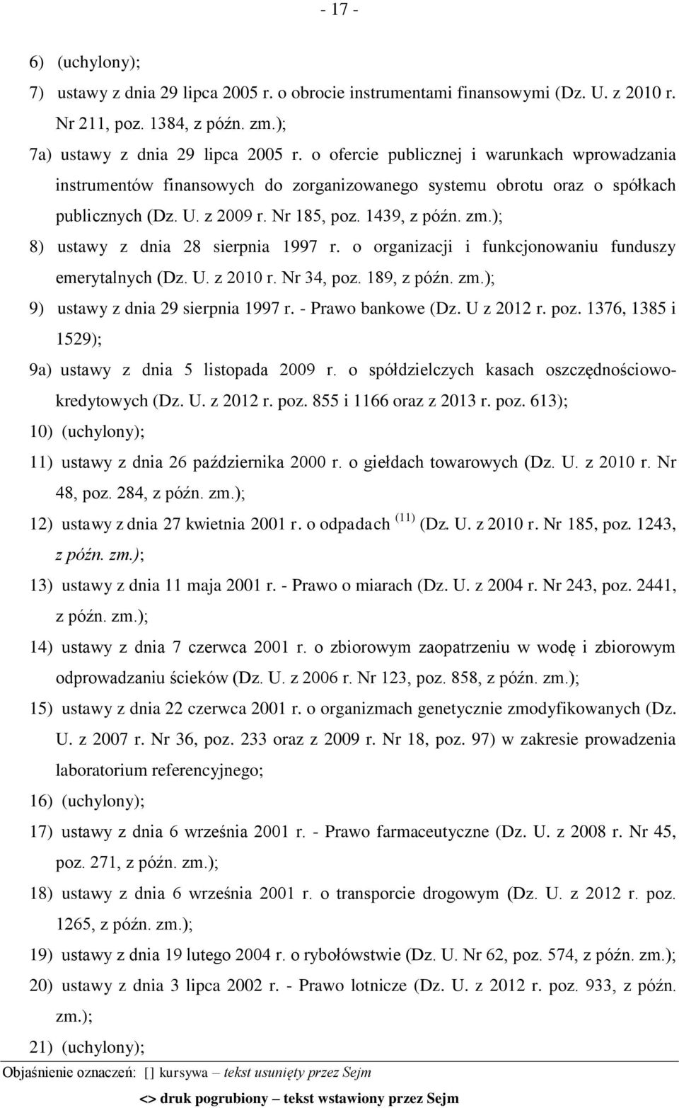 ); 8) ustawy z dnia 28 sierpnia 1997 r. o organizacji i funkcjonowaniu funduszy emerytalnych (Dz. U. z 2010 r. Nr 34, poz. 189, z późn. zm.); 9) ustawy z dnia 29 sierpnia 1997 r. - Prawo bankowe (Dz.