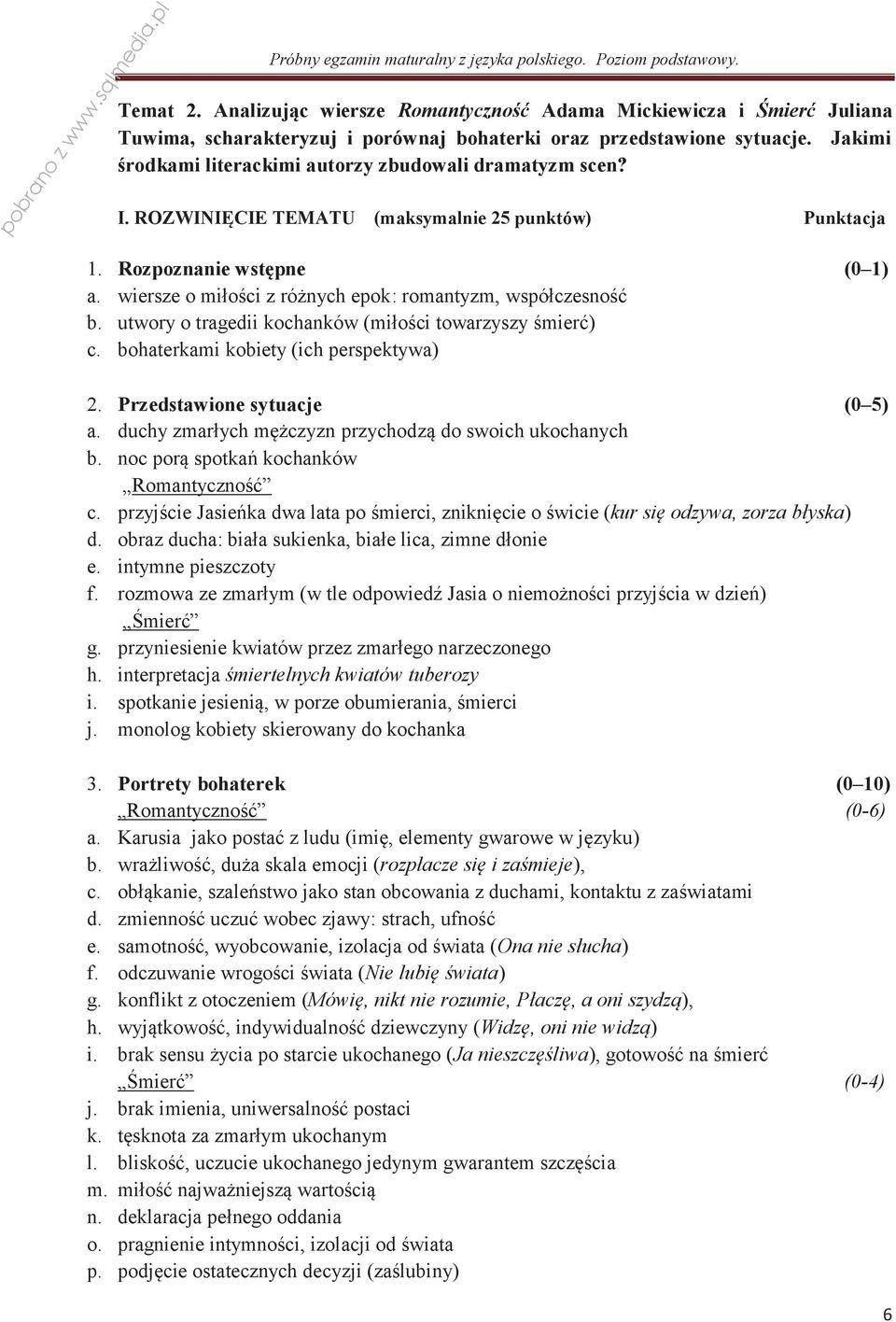 wiersze o miłości z różnych epok: romantyzm, współczesność b. utwory o tragedii kochanków (miłości towarzyszy śmierć) c. bohaterkami kobiety (ich perspektywa) (0 1) 2. Przedstawione sytuacje (0 5) a.