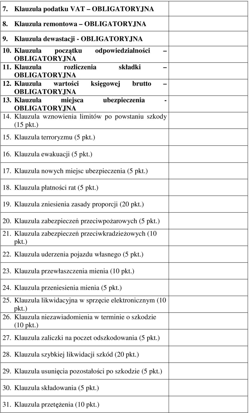 Klauzula nowych miejsc ubezpieczenia (5 pkt.) 18. Klauzula płatności rat (5 pkt.) 19. Klauzula zniesienia zasady proporcji (20 pkt.) 20. Klauzula zabezpieczeń przeciwpoŝarowych (5 pkt.) 21.