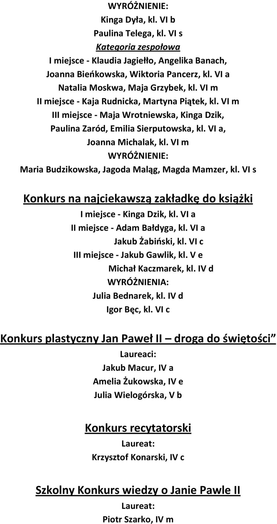 VI a, Joanna Michalak, kl. VI m WYRÓŻNIENIE: Maria Budzikowska, Jagoda Maląg, Magda Mamzer, kl. VI s Konkurs na najciekawszą zakładkę do książki I miejsce - Kinga Dzik, kl.