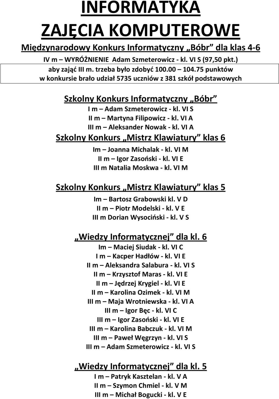 VI A III m Aleksander Nowak - kl. VI A Szkolny Konkurs Mistrz Klawiatury klas 6 Im Joanna Michalak - kl. VI M II m Igor Zasoński - kl. VI E III m Natalia Moskwa - kl.