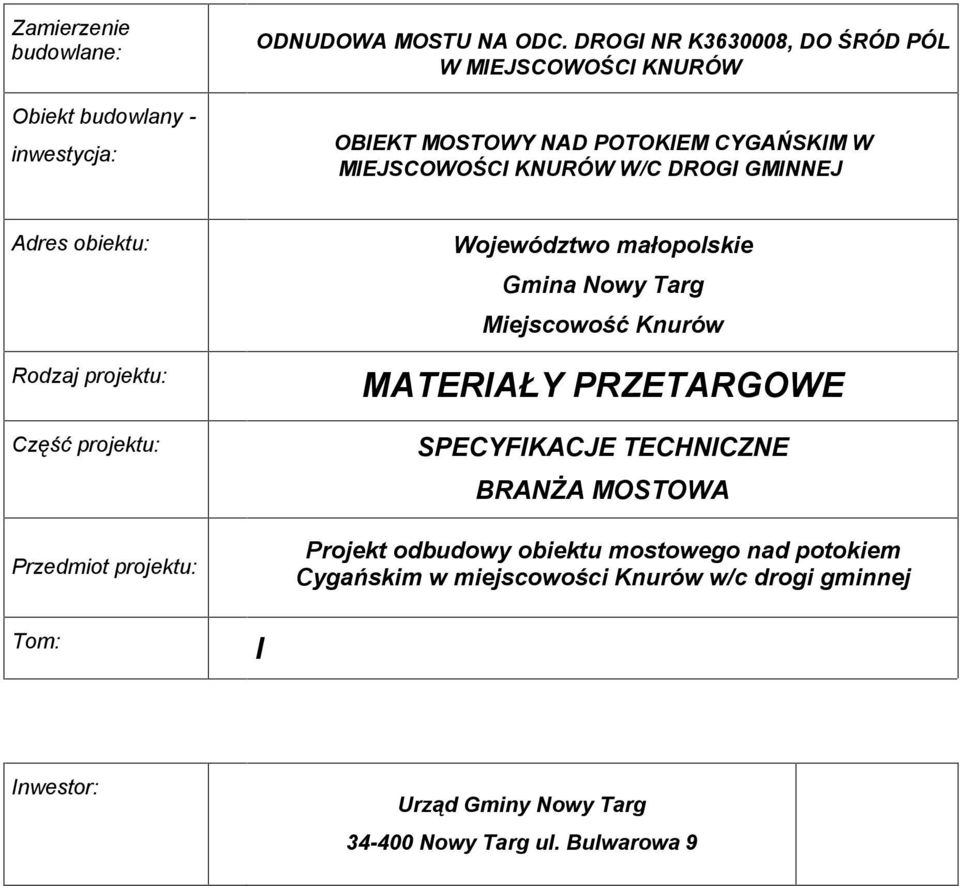obiektu: Rodzaj projektu: Czêœã projektu: Przedmiot projektu: Tom: I Województwo maùopolskie Gmina Nowy Targ Miejscowoœã Knurów MATERIA Y