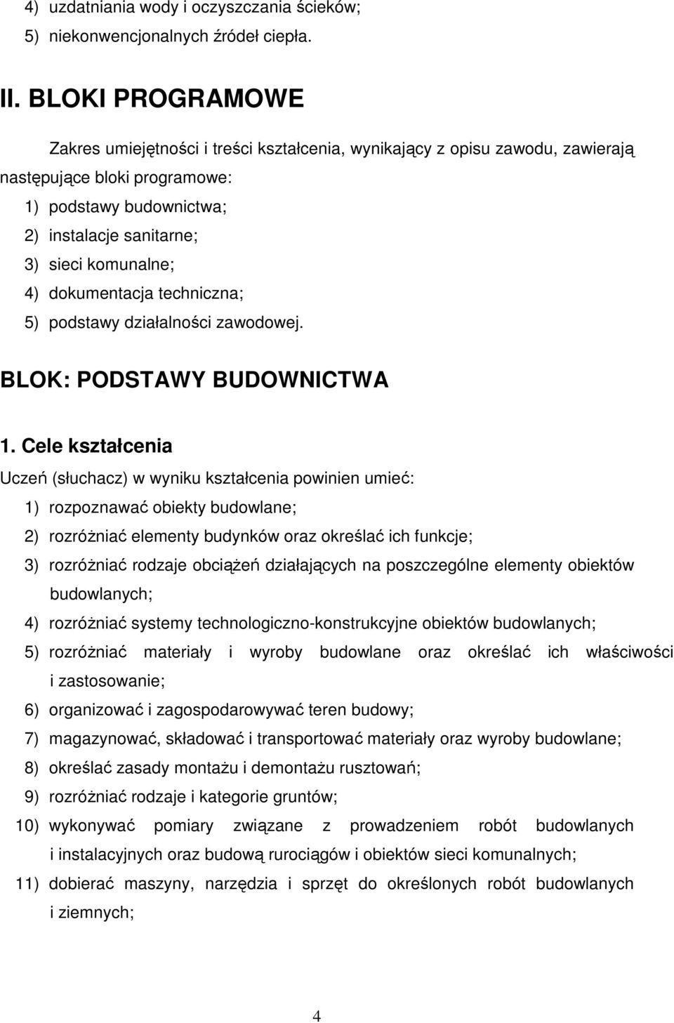 dokumentacja techniczna; 5) podstawy działalności zawodowej. BLOK: PODSTAWY BUDOWNICTWA 1.