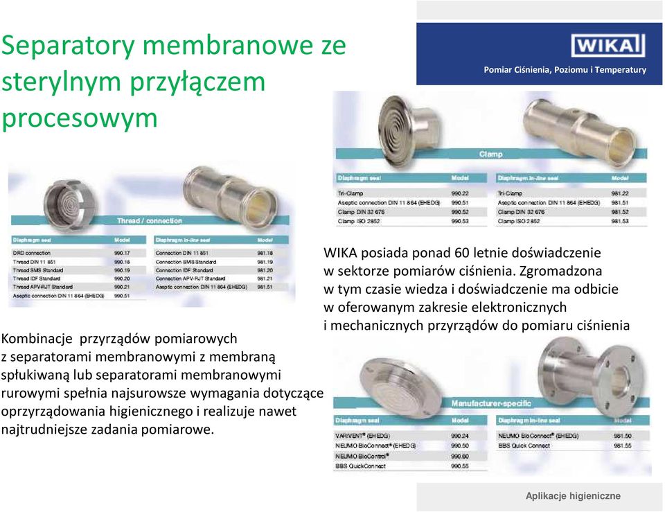 pomiaru ciśnienia Kombinacje przyrządów pomiarowych z separatorami membranowymi z membraną spłukiwaną lub separatorami