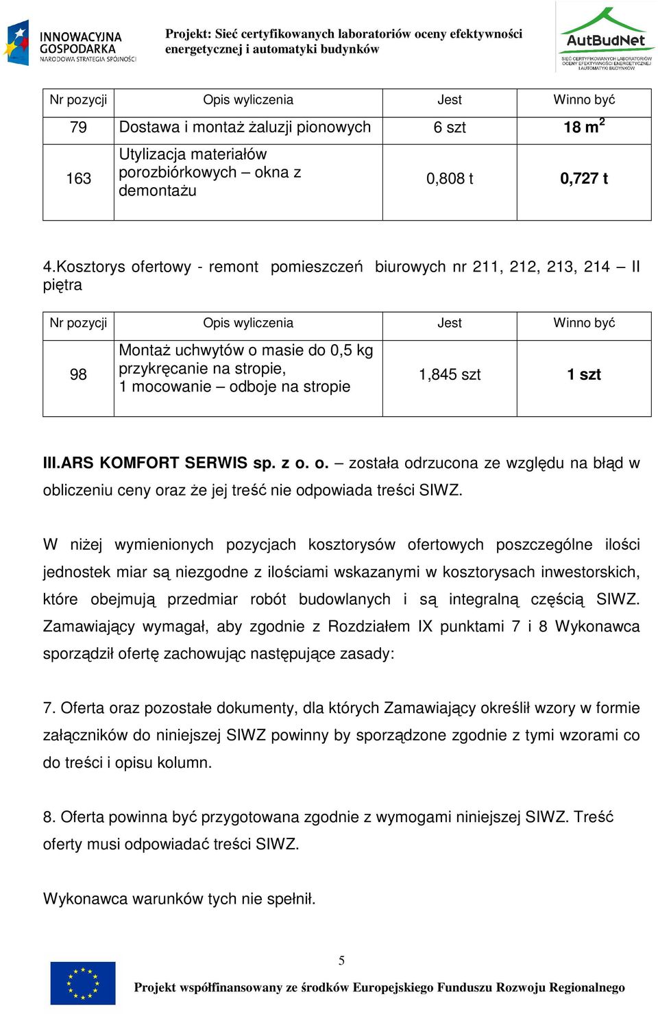ARS KOMFORT SERWIS sp. z o. o. została odrzucona ze względu na błąd w obliczeniu ceny oraz Ŝe jej treść nie odpowiada treści SIWZ.