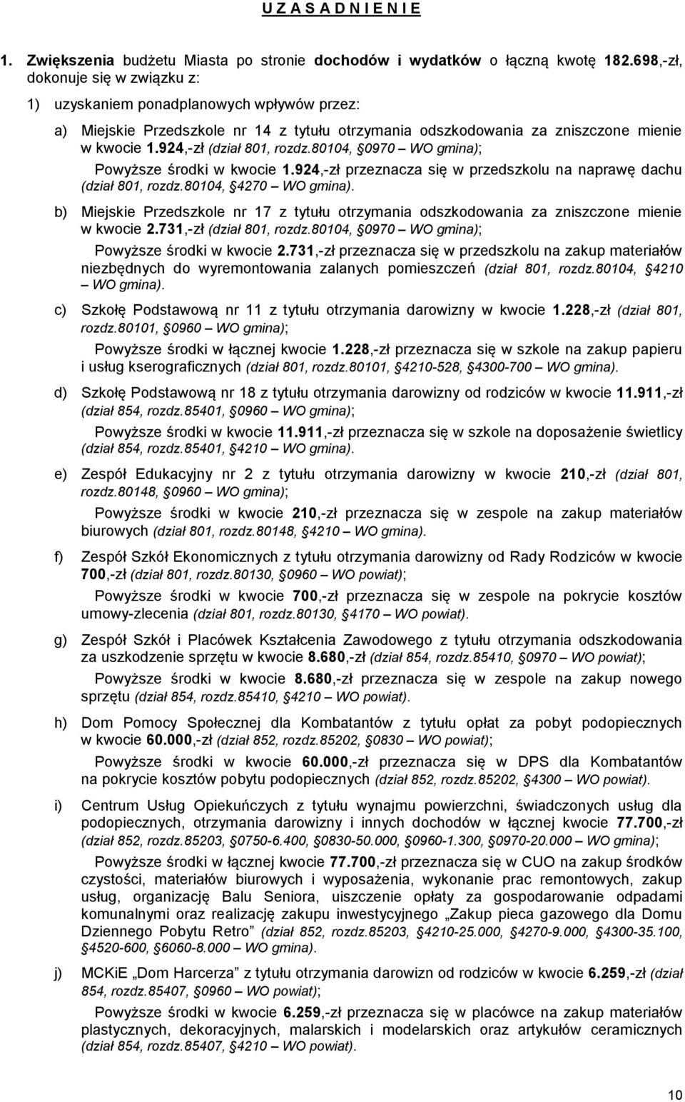 924,-zł (dział 801, rozdz.80104, 0970 WO gmina); Powyższe środki w kwocie 1.924,-zł przeznacza się w przedszkolu na naprawę dachu (dział 801, rozdz.80104, 4270 WO gmina).