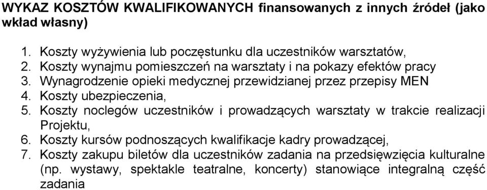 Koszty ubezpieczenia, 5. Koszty noclegów uczestników i prowadzących warsztaty w trakcie realizacji Projektu, 6.