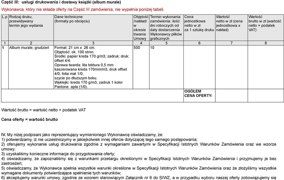 Wykonawcy plików graficznych Cena jednostkowa netto w zł za 1 sztukę druku netto w zł (cena jednostkowa x nakład) brutto w zł (wartość netto + podatek VAT) 1 2 3 4 5 6 7 8 1 Album murale; grudzień