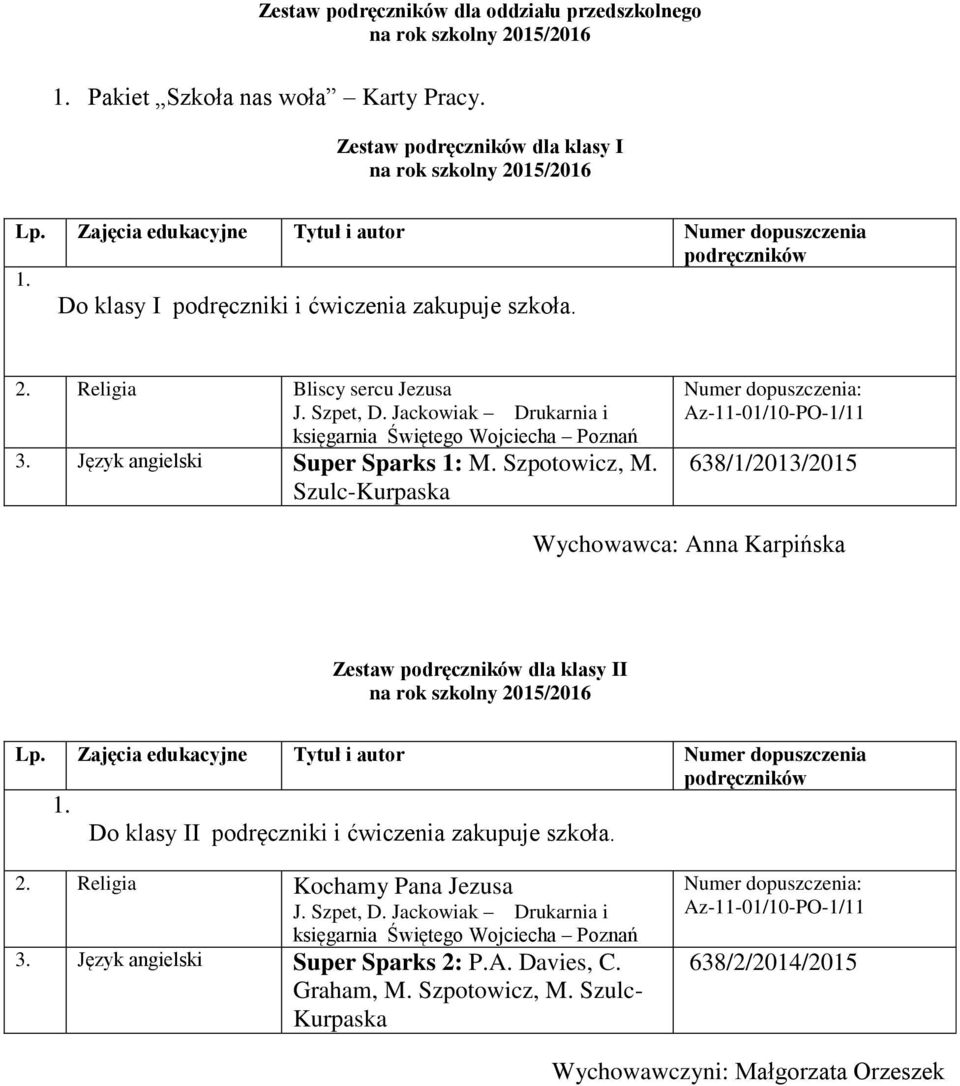 Szulc-Kurpaska Az-11-01/10-PO-1/11 638/1/2013/2015 Wychowawca: Anna Karpińska Zestaw dla klasy II 1. Do klasy II podręczniki i ćwiczenia zakupuje szkoła. 2.