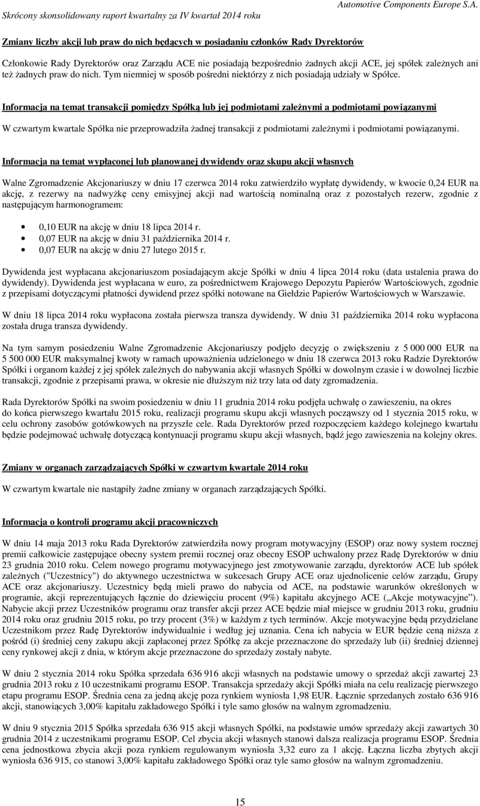 Informacja na temat transakcji pomiędzy Spółką lub jej podmiotami zależnymi a podmiotami powiązanymi W czwartym kwartale Spółka nie przeprowadziła żadnej transakcji z podmiotami zależnymi i