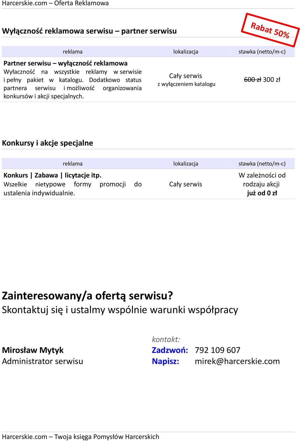 z wyłączeniem katalogu 600 zł 300 zł Konkursy i akcje specjalne Konkurs Zabawa licytacje itp. Wszelkie nietypowe formy promocji do ustalenia indywidualnie.