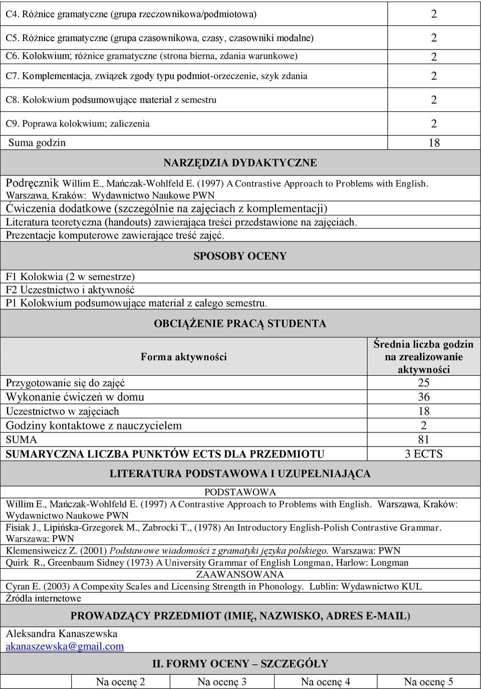 Poprawa kolokwium; zaliczenia 2 Suma godzin 18 NARZĘDZIA DYDAKTYCZNE Podręcznik Willim E., Mańczak-Wohlfeld E. (1997) A Contrastive Approach to Problems with English.