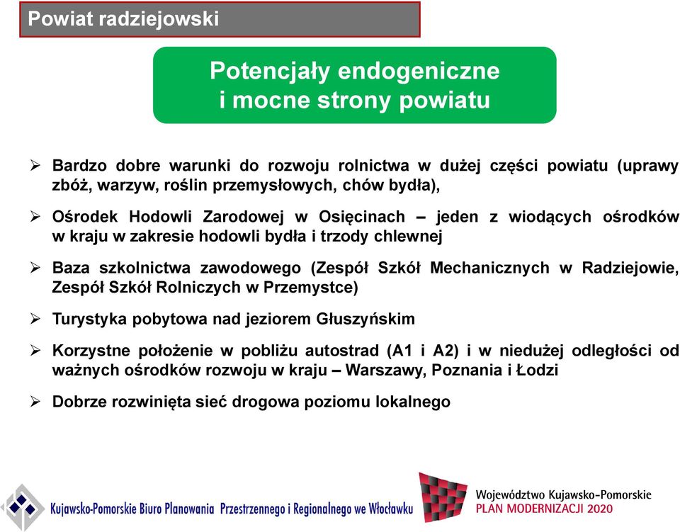 szkolnictwa zawodowego (Zespół Szkół Mechanicznych w Radziejowie, Zespół Szkół Rolniczych w Przemystce) Turystyka pobytowa nad jeziorem Głuszyńskim Korzystne