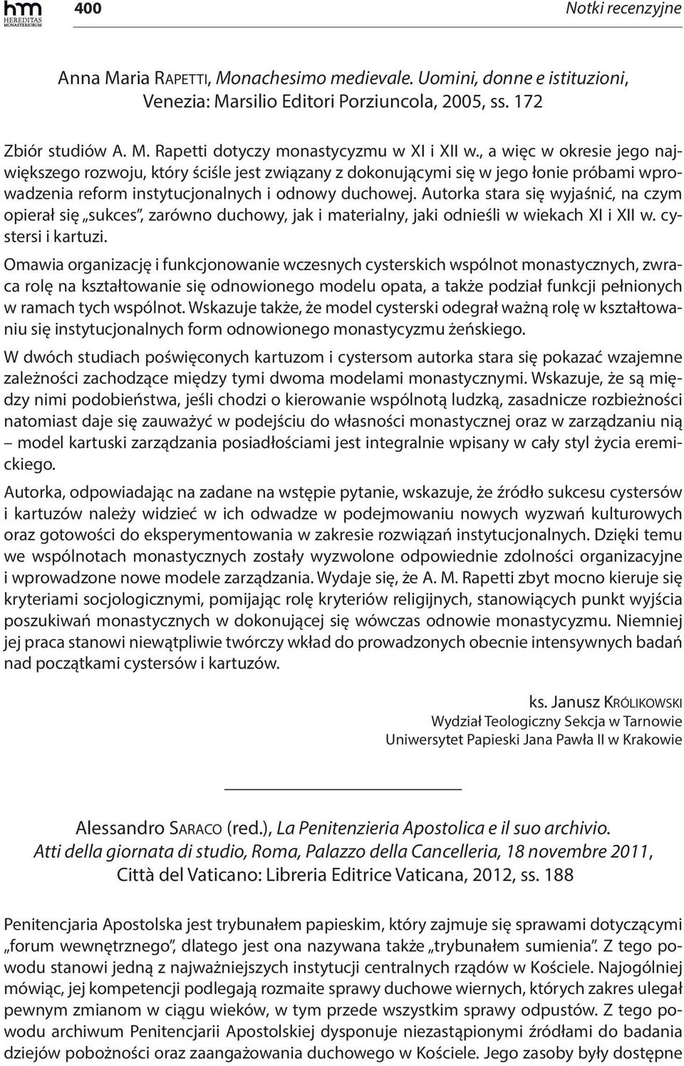 Autorka stara się wyjaśnić, na czym opierał się sukces, zarówno duchowy, jak i materialny, jaki odnieśli w wiekach XI i XII w. cystersi i kartuzi.