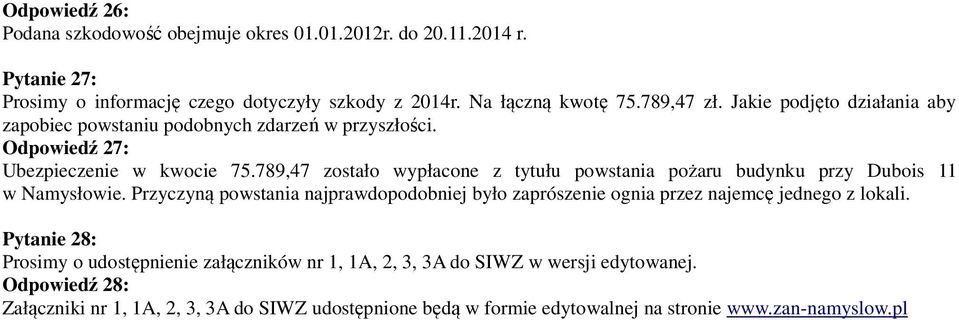 789,47 zostało wypłacone z tytułu powstania pożaru budynku przy Dubois 11 w Namysłowie.