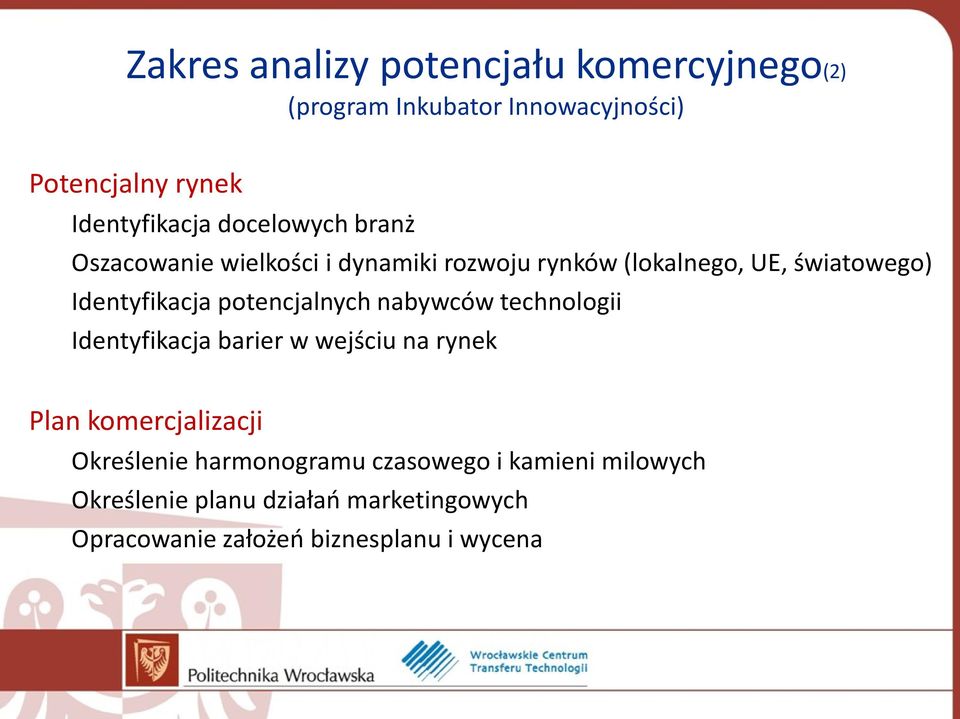 technologii Identyfikacja barier w wejściu na rynek Plan komercjalizacji Określenie harmonogramu