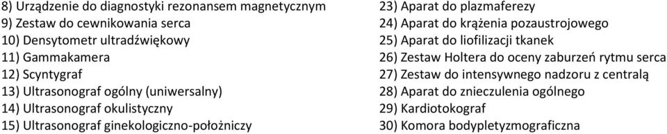 rytmu serca 12) Scyntygraf 27) Zestaw do intensywnego nadzoru z centralą 13) Ultrasonograf ogólny (uniwersalny) 28) Aparat do