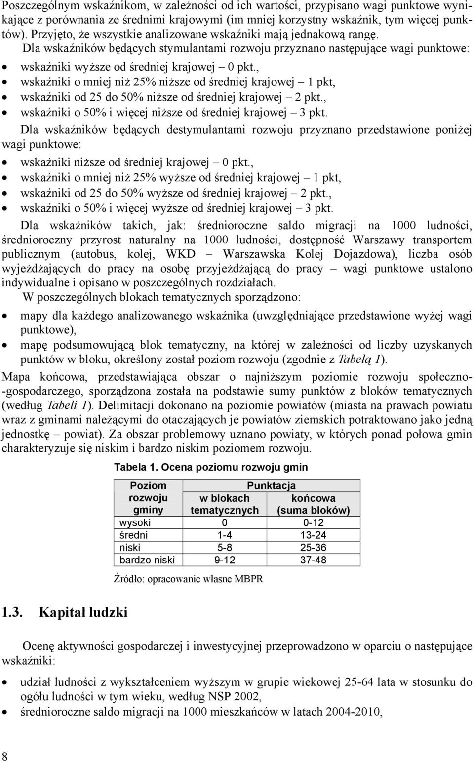 , wskaźniki o mniej niż 25% niższe od średniej krajowej 1 pkt, wskaźniki od 25 do 50% niższe od średniej krajowej 2 pkt., wskaźniki o 50% i więcej niższe od średniej krajowej 3 pkt.